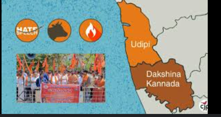 "Map highlighting the shifting communal faultlines from Dakshina Kannada to Old Mysuru in Karnataka."